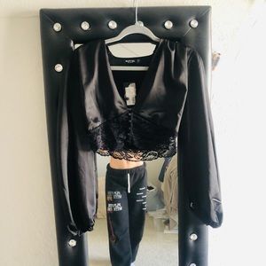 NWT Black Satin/Silky Lace Detail Crop Top